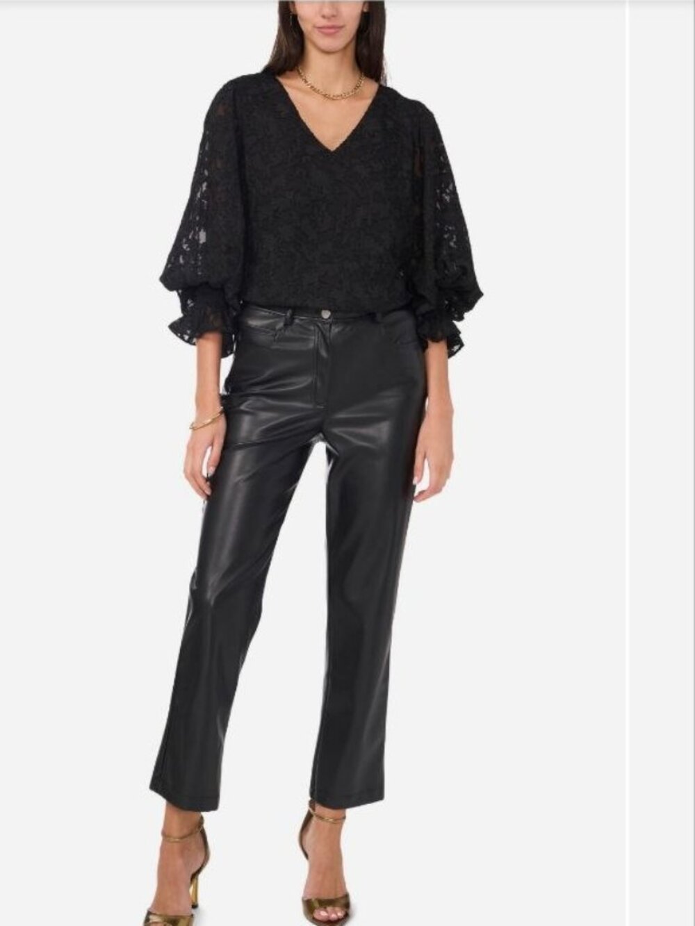 $79 Vince Camuto Lace Shirred Cuff Top Rich Black Size S